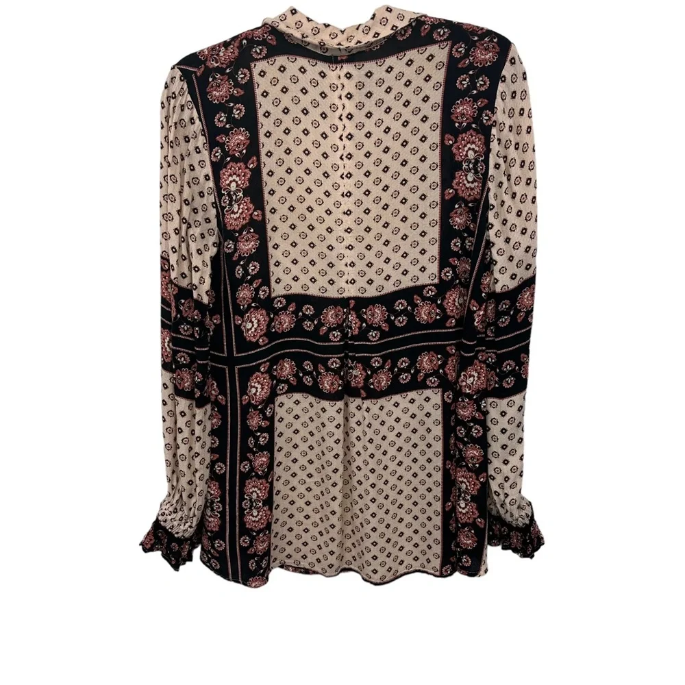 FREE PEOPLE Blouse Small Long Sleeve Keyhole Lightweight Boho Tunic Aztec Blk/Cr